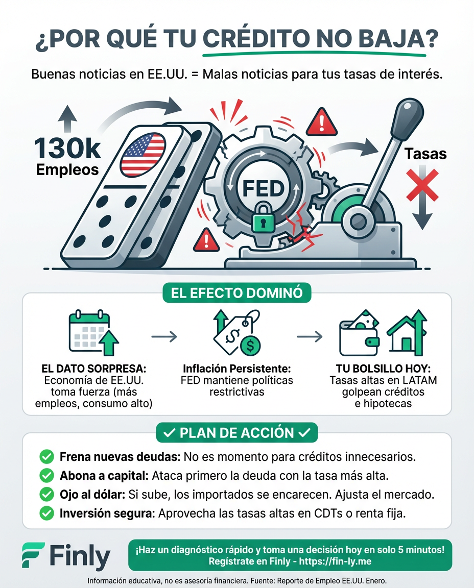 EE. UU. está creando más empleos de lo esperado, y eso podría retrasar la bajada de intereses que tanto esperas para tus deudas. Es como cuando recibes un bono pero el banco te sube la cuota al mismo tiempo. ¿Estás preparado para que el costo de tus créditos no baje pronto? 🇨🇴💰