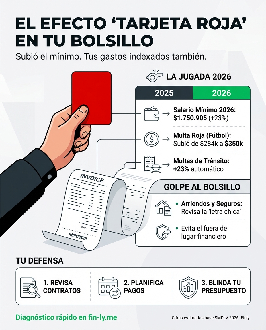 Cuando el salario mínimo sube, tus multas y gastos fijos también lo hacen de forma automática. Al igual que a los futbolistas, la inflación oculta puede devorar tu aumento antes de que llegue a tu bolsillo. ¿Estás calculando tus deudas con el valor del año pasado o con el real? 🇨🇴💰