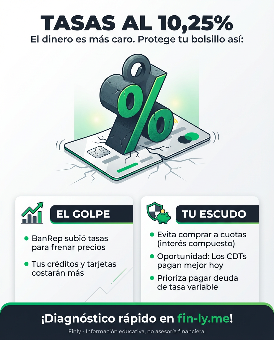 Las tasas subieron al 10,25% y sentirás que el banco se queda con una tajada más grande de tus ingresos. Es como si el arriendo de tu dinero prestado acabara de subir sin previo aviso. ¿Sabes cómo proteger tu cupo de crédito antes de que los intereses devoren tu ahorro? 🇨🇴💰