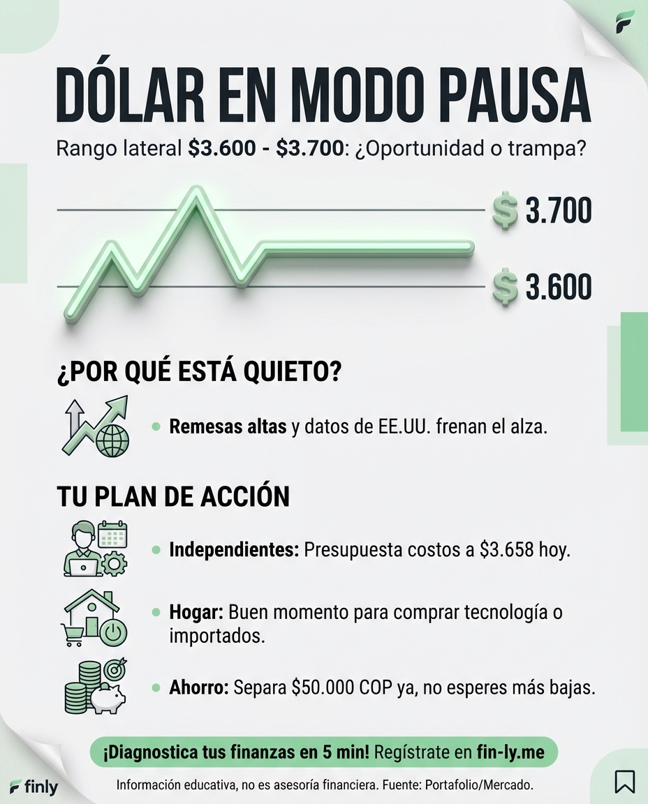El dólar se quedó quieto entre los $3.600 y $3.700, dándote un respiro pero sin bajar la guardia. Es como cuando tus deudas no crecen, pero tampoco desaparecen: un alivio temporal que exige planeación. ¿Sabes cómo aprovechar esta calma para blindar tu bolsillo antes del próximo salto? 📉🇨🇴