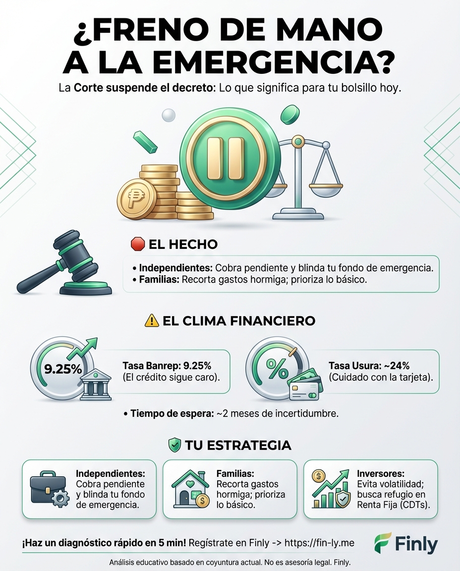 Suspenden el decreto que buscaba recaudar impuestos de urgencia. Es como cuando planeas un gasto extra contando con un bono que al final no te llega: la incertidumbre ahora manda en el bolsillo nacional. ¿Está tu ahorro listo para cubrir los huecos que el Estado deje de financiar? 🇨🇴💰