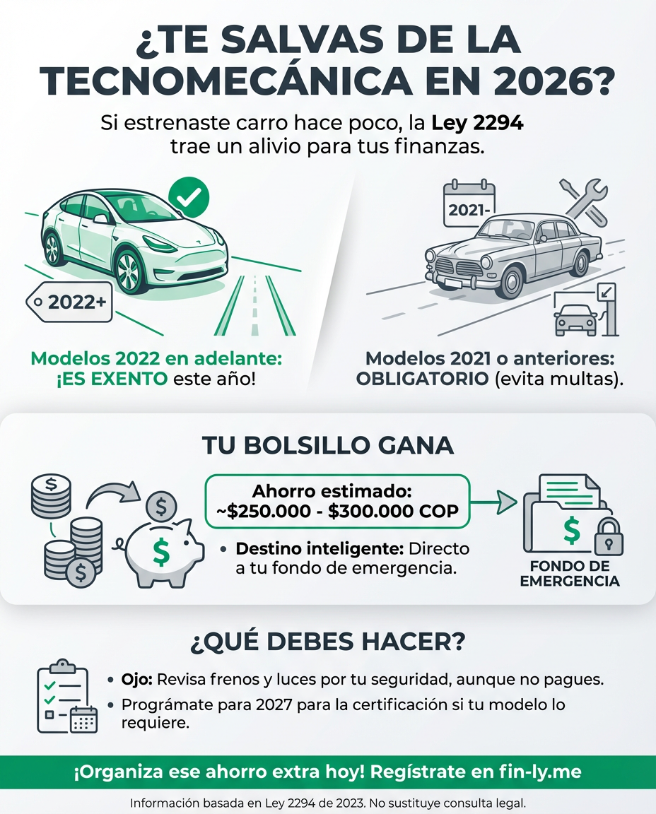 Si estrenaste carro hace poco, tienes un respiro: los modelos 2022 en adelante no pagan tecnomecánica este 2026. Es el alivio ideal para el Ahorrador Frustrado que busca recortar gastos fijos y fortalecer su fondo de emergencia. ¿Sabes exactamente qué fecha te toca para no regalarle tu plata a una multa? 🇨🇴💰