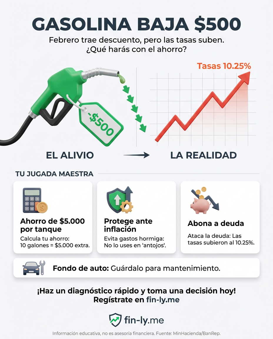 La gasolina bajará $500 en febrero, un respiro para tu bolsillo tras los constantes aumentos. Es como recibir un descuento en el gasto fijo que más te aprieta, justo cuando las tasas de interés suben. ¿Sabrás aprovechar este ahorro para tu fondo de emergencia o se irá en otros antojos? 💰🇨🇴