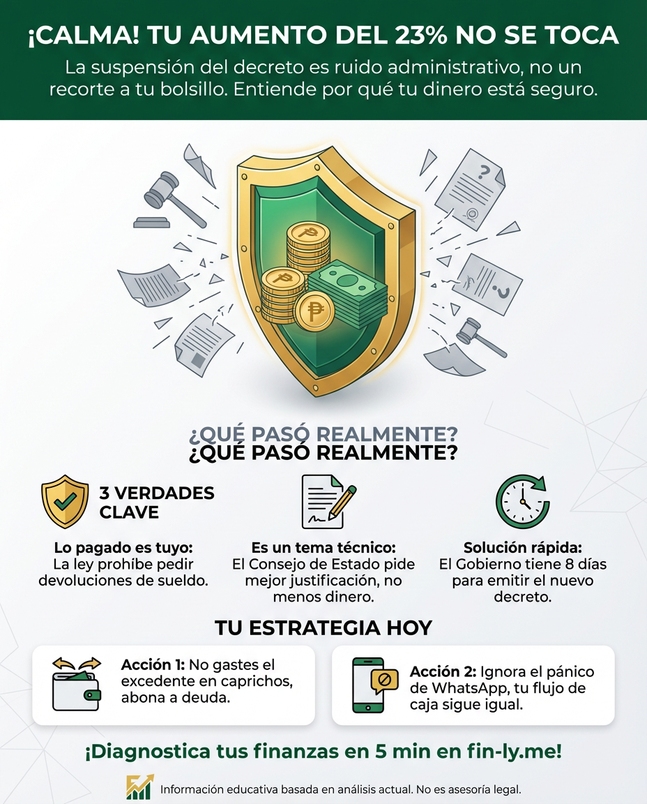 Aunque el Consejo de Estado frenó el decreto del salario mínimo, tu aumento del 23% sigue firme en el bolsillo. Esta pelea técnica entre jueces y gobierno es como cuando revisas tus gastos: no cambia lo que ya pagaste, pero exige más orden a futuro. ¿Sabes cómo blindar tu presupuesto ante estos ruidos políticos? 🇨🇴💰