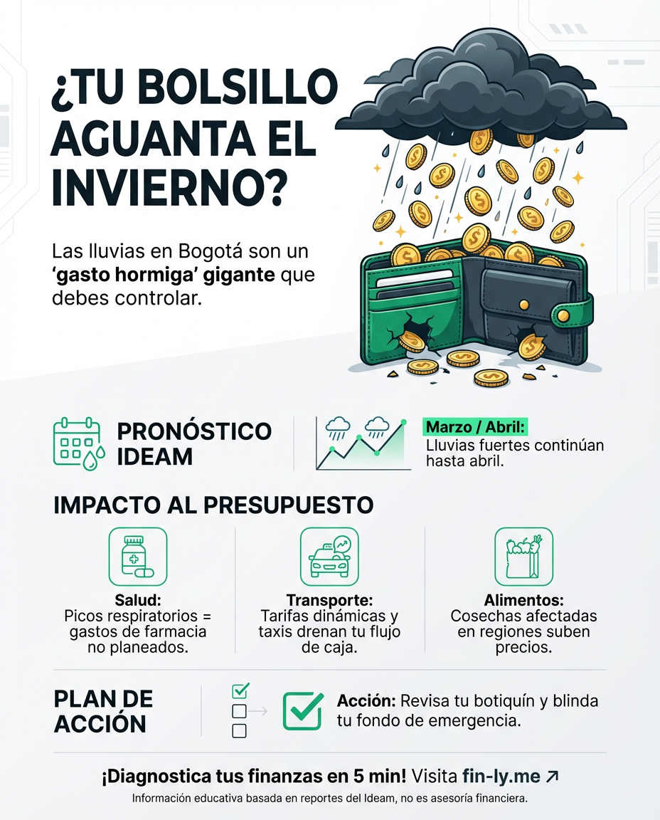 Las lluvias en Bogotá no darán tregua pronto, afectando tu salud y movilidad. Es como ese gasto hormiga que parece pequeño pero termina inundando tu presupuesto mensual. ¿Está tu fondo de emergencia listo para los imprevistos que trae el invierno? ⛈️💰