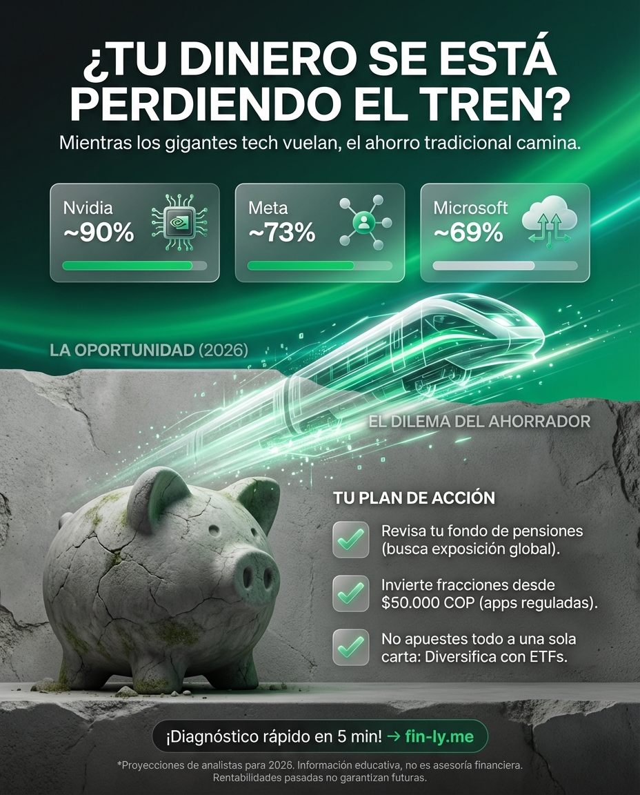Mientras gigantes como Nvidia y Meta prometen ganancias de hasta el 90%, tú podrías estar viendo cómo tus ahorros pierden valor por no saber dónde ponerlos. Es el dilema del Ahorrador Frustrado: las oportunidades millonarias existen, pero parecen lejanas. ¿Cómo empezar a invertir antes de que el próximo tren tecnológico te deje atrás? 🇨🇴💰