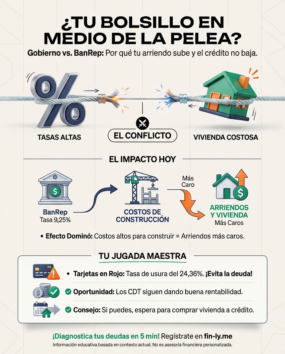 ¿Sientes que tu arriendo sube y el sueño de casa propia se aleja? Mientras el Gobierno pide bajar tasas para aliviar tu bolsillo, el Banco de la República las mantiene altas, encareciendo tus créditos. ¿Es momento de frenar tus deudas o esperar a que la pelea política baje los intereses? 🇨🇴💰