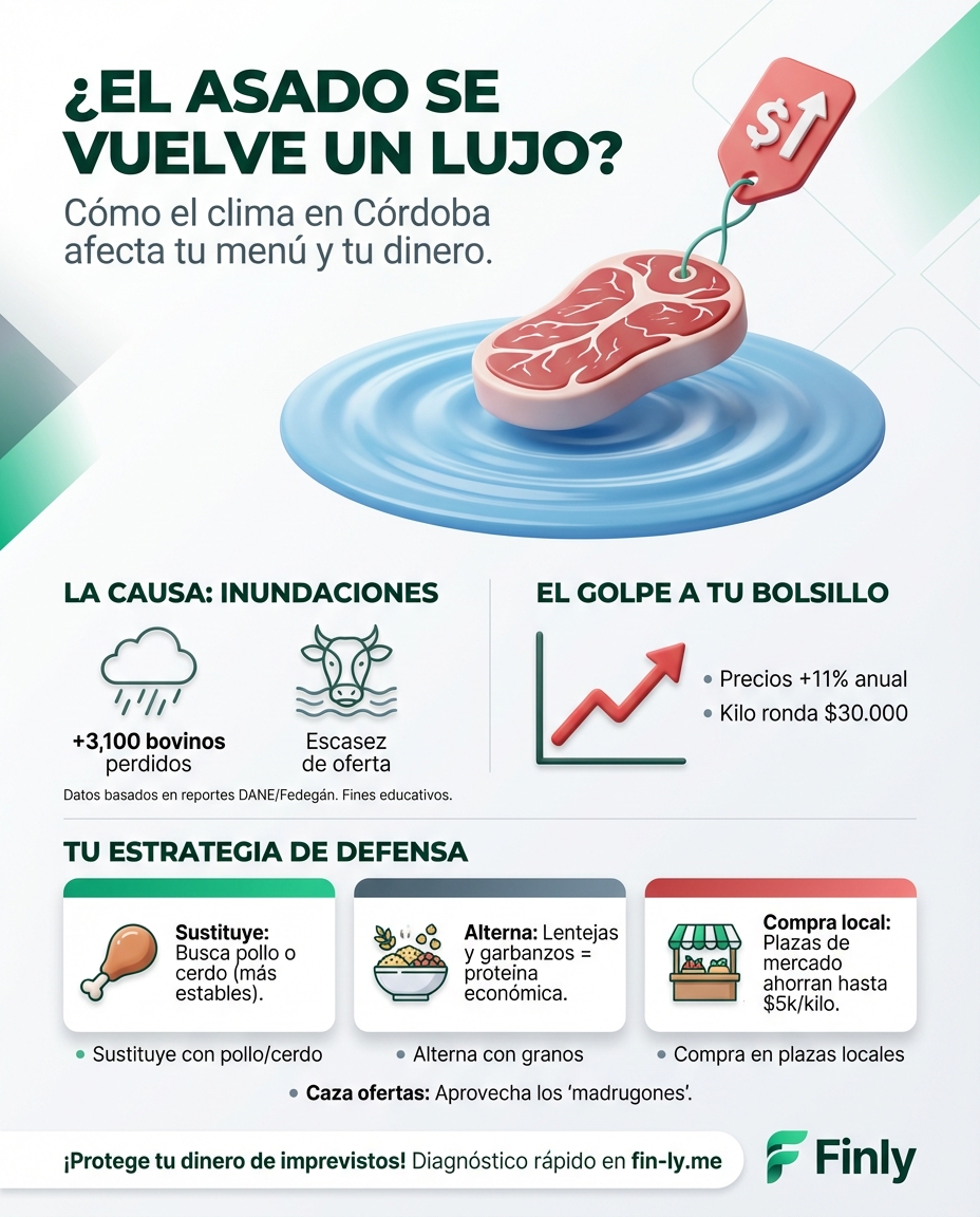 Las inundaciones en Córdoba amenazan con subir el precio de la carne, justo cuando tu presupuesto ya no aguanta más aumentos. Es lo mismo que te pasa cuando un imprevisto daña tu ahorro del mes: la falta de control externo golpea tu bolsillo. ¿Cómo ajustar tu menú antes de que el asado se vuelva un lujo? 🥩🇨🇴