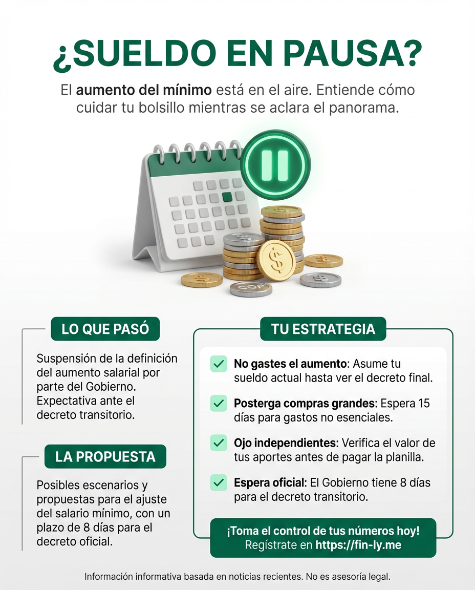 La suspensión del aumento del salario mínimo genera una incertidumbre que golpea directo a tu planeación mensual. Es como si esperaras un alivio en tu bolsillo y, de repente, las reglas del juego cambiaran a mitad de mes. ¿Cómo ajustar tu presupuesto cuando tu ingreso real está en el aire? 🇨🇴💰