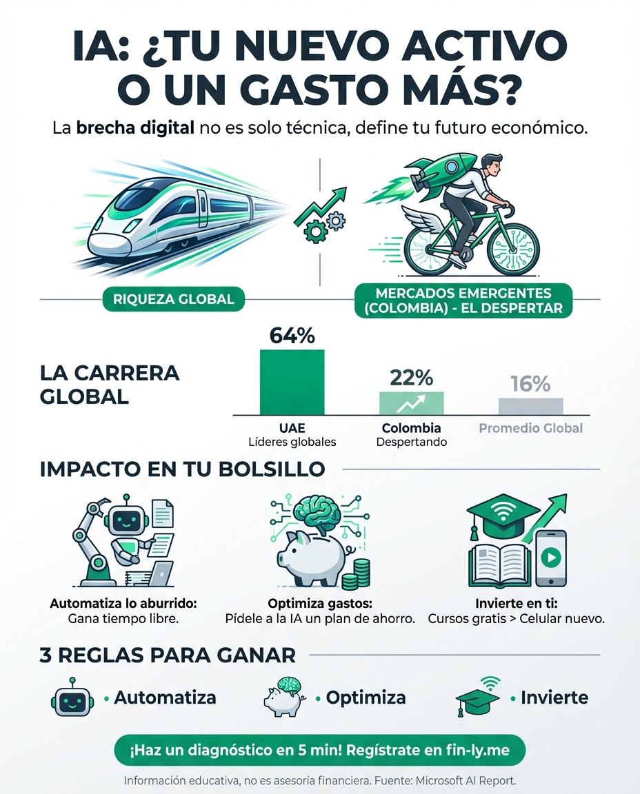 La IA avanza rápido, pero solo en países que ya tienen plata. Si sientes que la tecnología te atropella mientras intentas ahorrar, no es tu culpa: es la brecha digital que también afecta tu bolsillo. ¿Estás preparándote para usar la IA a tu favor o vas a dejar que sea otro gasto más? 🇨🇴💰