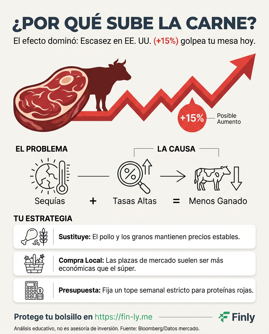 La escasez de ganado en EE. UU. disparó el precio de la carne un 15%, demostrando que cuando los costos suben, el consumidor siempre paga los platos rotos. Esto es lo que sientes cuando tus ingresos suben, pero el mercado se los traga antes de llegar a casa. ¿Cómo proteger tu canasta familiar? 🥩🇨🇴