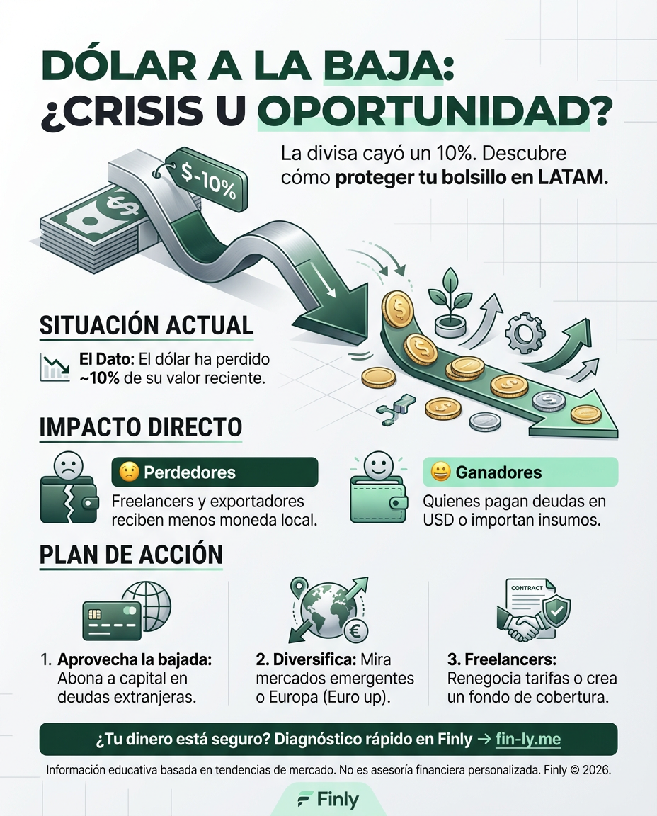 El dólar ha caído un 10% y esto es como cuando bajan los precios del mercado pero tus deudas siguen intactas. Si eres freelancer o ahorrador, esta debilidad global es tu oportunidad para diversificar antes de que el ciclo cambie. ¿Sabes cómo proteger tu bolsillo si la moneda no rebota? 📉💰
