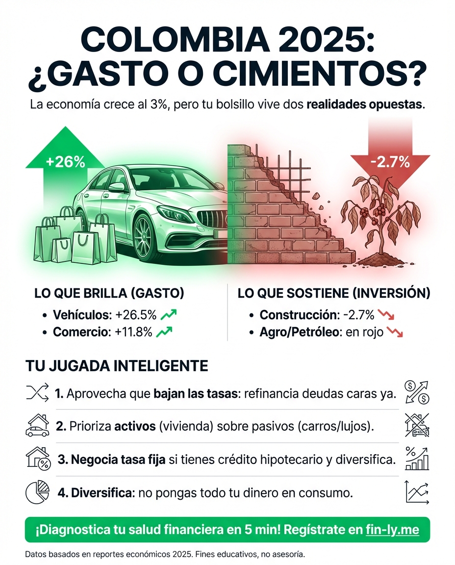 Mientras el comercio y los carros despegan, la construcción y el agro se estancan. Es como si te subieran el sueldo pero se te rompe el techo de la casa: la plata fluye, pero no donde más la necesitas. ¿Estás gastando en lo que brilla o invirtiendo en lo que sostiene tu futuro? 🇨🇴💰