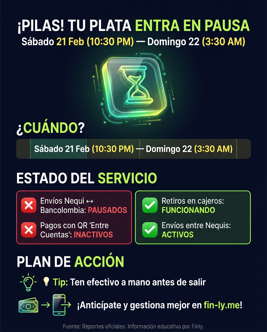Imagina ir a pagar tu cena o transporte y que tu plata esté 'bloqueada'. Este fin de semana, Nequi y Bancolombia tendrán pausas programadas que podrían dejarte en apuros si no te previenes. ¿Tienes un plan B en efectivo o en otra cuenta para evitar el mal rato? 🇨🇴💰