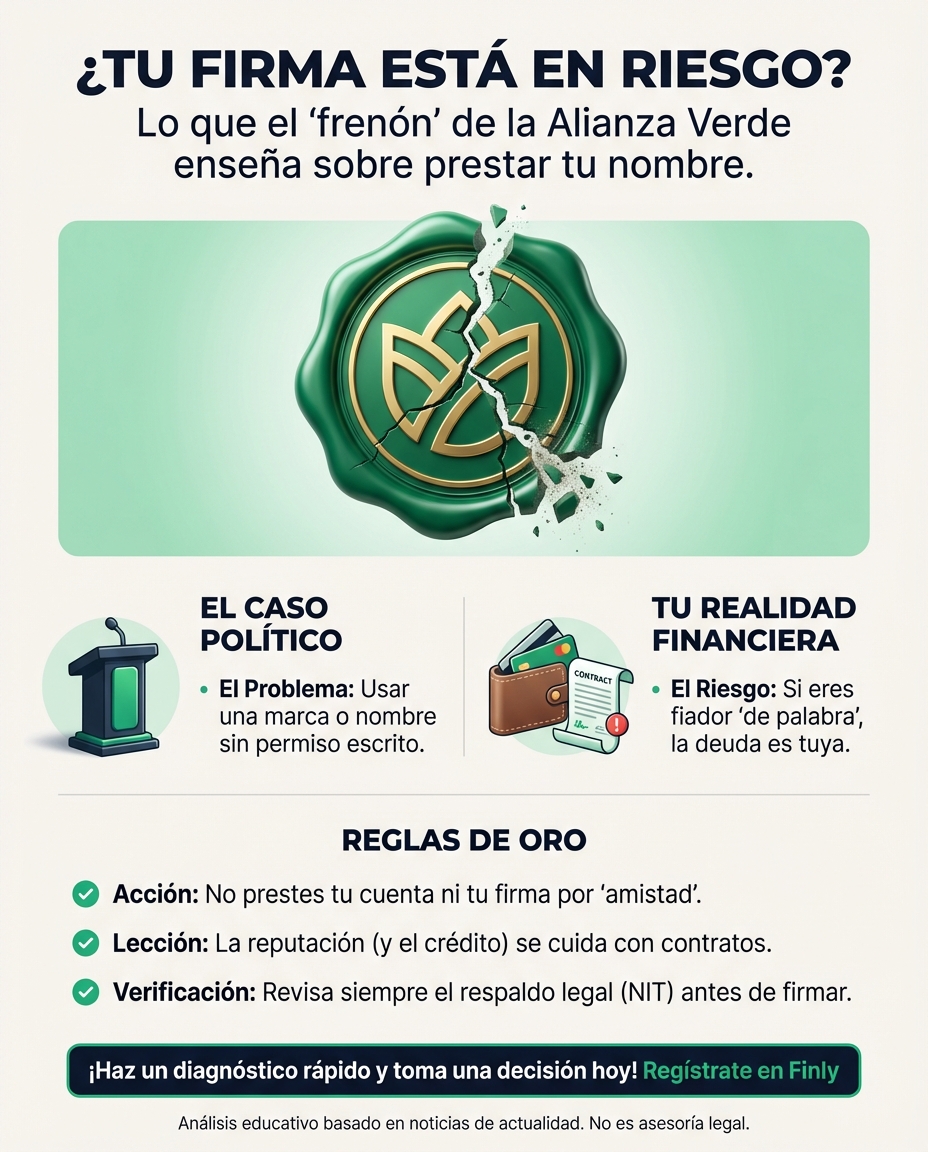 Alianza Verde frenó el uso de su marca en campañas ajenas, recordándonos que las alianzas sin contrato son un riesgo. Así como un aval político, prestar tu firma o nombre en finanzas sin respaldo legal puede dejarte solo con la deuda. ¿Sabes quién realmente respalda tus acuerdos hoy? 🇨🇴💰