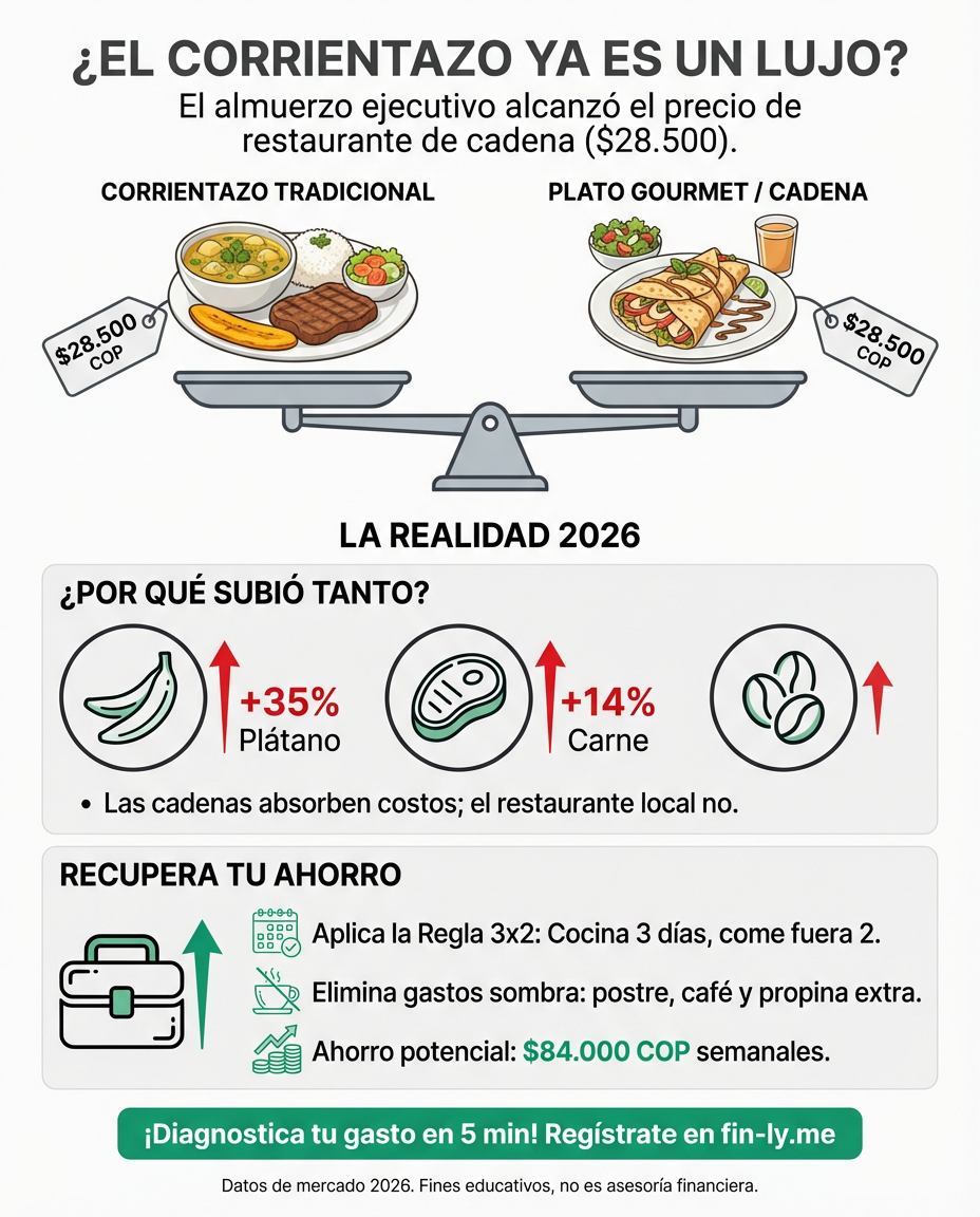 Cuando el 'corrientazo' cuesta lo mismo que un restaurante de cadena, tu presupuesto pierde el norte. La inflación en alimentos ya no solo castiga tu bolsillo, sino que elimina tus opciones de ahorro inteligente. ¿Sabes identificar cuándo un gasto 'ejecutivo' dejó de ser un ahorro para volverse un lujo? 🇨🇴💰