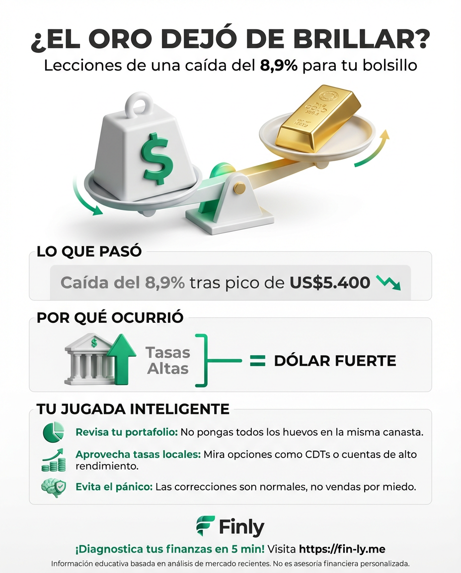 El oro cayó casi un 9% y nos recordó que ni el refugio más seguro es infalible cuando el dólar se fortalece. Es como creer que tu ahorro está a salvo bajo el colchón mientras la inflación se lo come en silencio. ¿Sabes cómo proteger tu bolsillo cuando lo 'seguro' deja de brillar? 🇨🇴💰