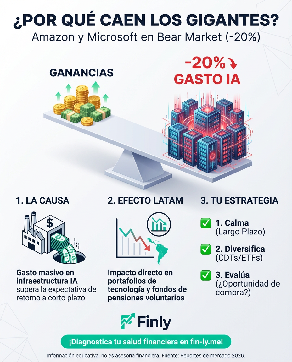 Amazon y Microsoft caen más del 20%, demostrando que ni los gigantes son invencibles. Es como cuando trabajas extra pero tus gastos crecen más rápido que tu sueldo; el esfuerzo no se ve en el bolsillo. ¿Está tu plan de ahorros listo para resistir si los grandes del mercado tropiezan? 📉🇨🇴