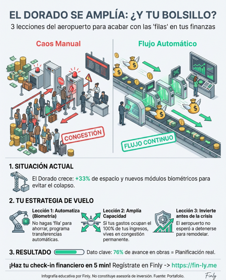 El Dorado amplía su zona de migración para reducir las filas eternas que frenan tus viajes. Así como el aeropuerto invierte para no colapsar ante más viajeros, tu presupuesto necesita espacio para crecer sin asfixiarte. ¿Estás automatizando tus ahorros o sigues haciendo fila manual cada mes? 🇨🇴💰