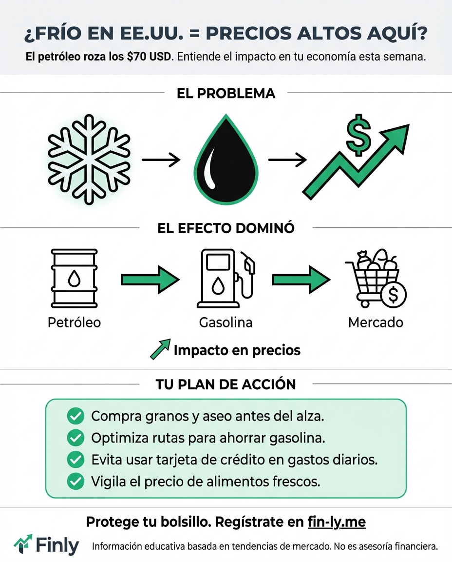 El petróleo sube por tormentas en EE.UU. y tensiones globales, acercándose a los 70 dólares. Para ti, esto se traduce en presión sobre la gasolina y el costo de vida justo cuando intentas ahorrar. ¿Está tu presupuesto listo para un nuevo apretón en los gastos de transporte? 🇨🇴💰