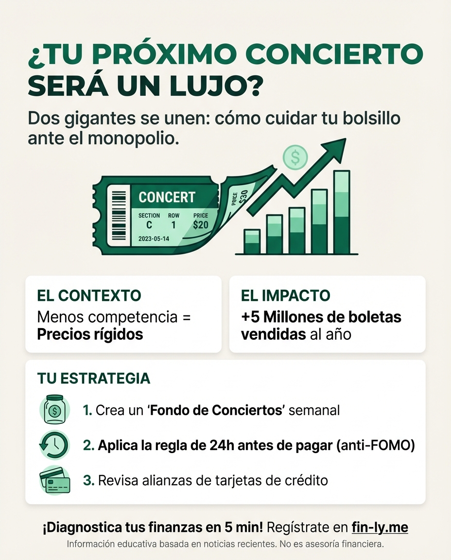 Dos gigantes de los conciertos planean unirse en Colombia para dominar el mercado. Esto es lo que te pasa cuando un solo gasto grande absorbe todo tu presupuesto: te quedas sin opciones para elegir. ¿Cómo afectará este monopolio el precio de tu próxima boleta y tu plan de ahorro? 🇨🇴💰