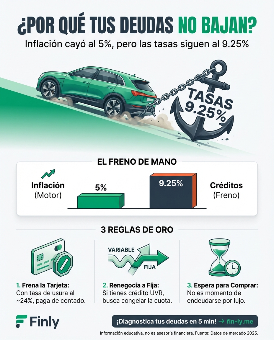 Aunque la inflación baja, el costo de los créditos sigue frenando el consumo y el empleo en el país. Es lo que sientes cuando tus deudas no bajan a pesar de que los precios en el súper se estabilizan. ¿Está tu bolsillo atrapado en la pelea entre el Gobierno y el Banco de la República? 🇨🇴💰
