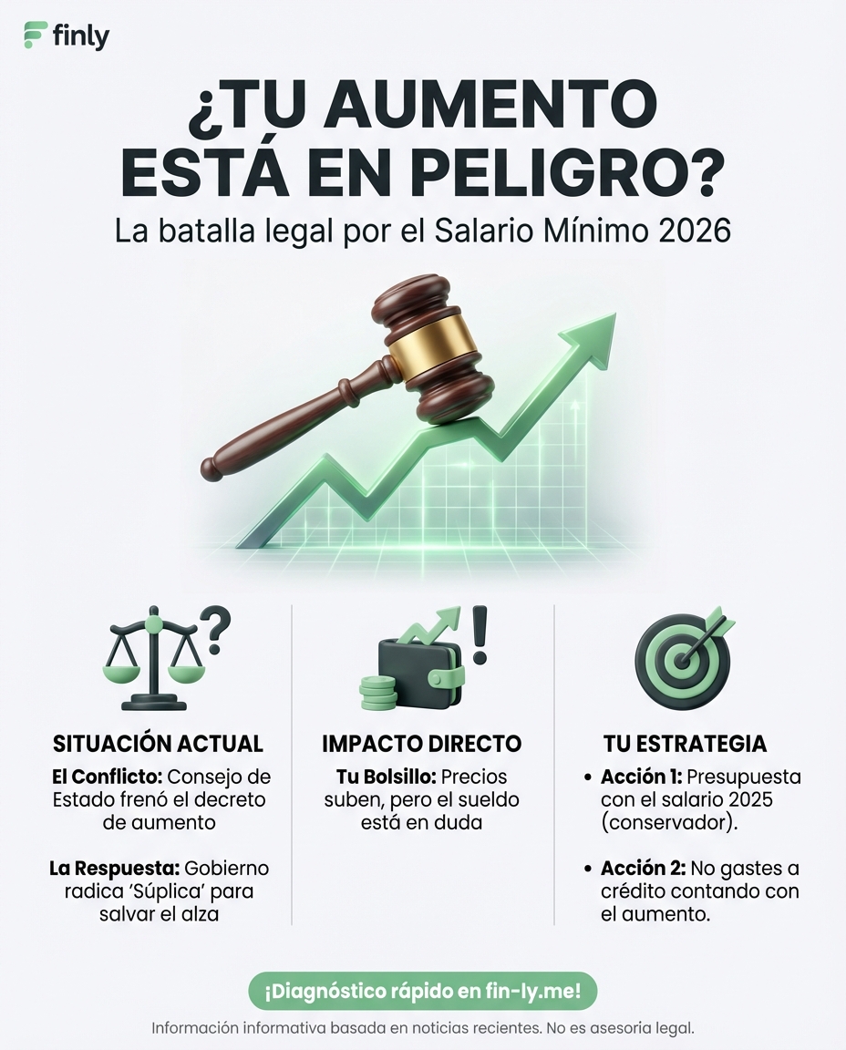 El Gobierno pelea en los juzgados para que el aumento del mínimo no se frene. Es la misma incertidumbre que sientes cuando no sabes si tu sueldo alcanzará para el arriendo del próximo mes. ¿Está tu presupuesto listo para un cambio repentino en tus ingresos? 🇨🇴💰