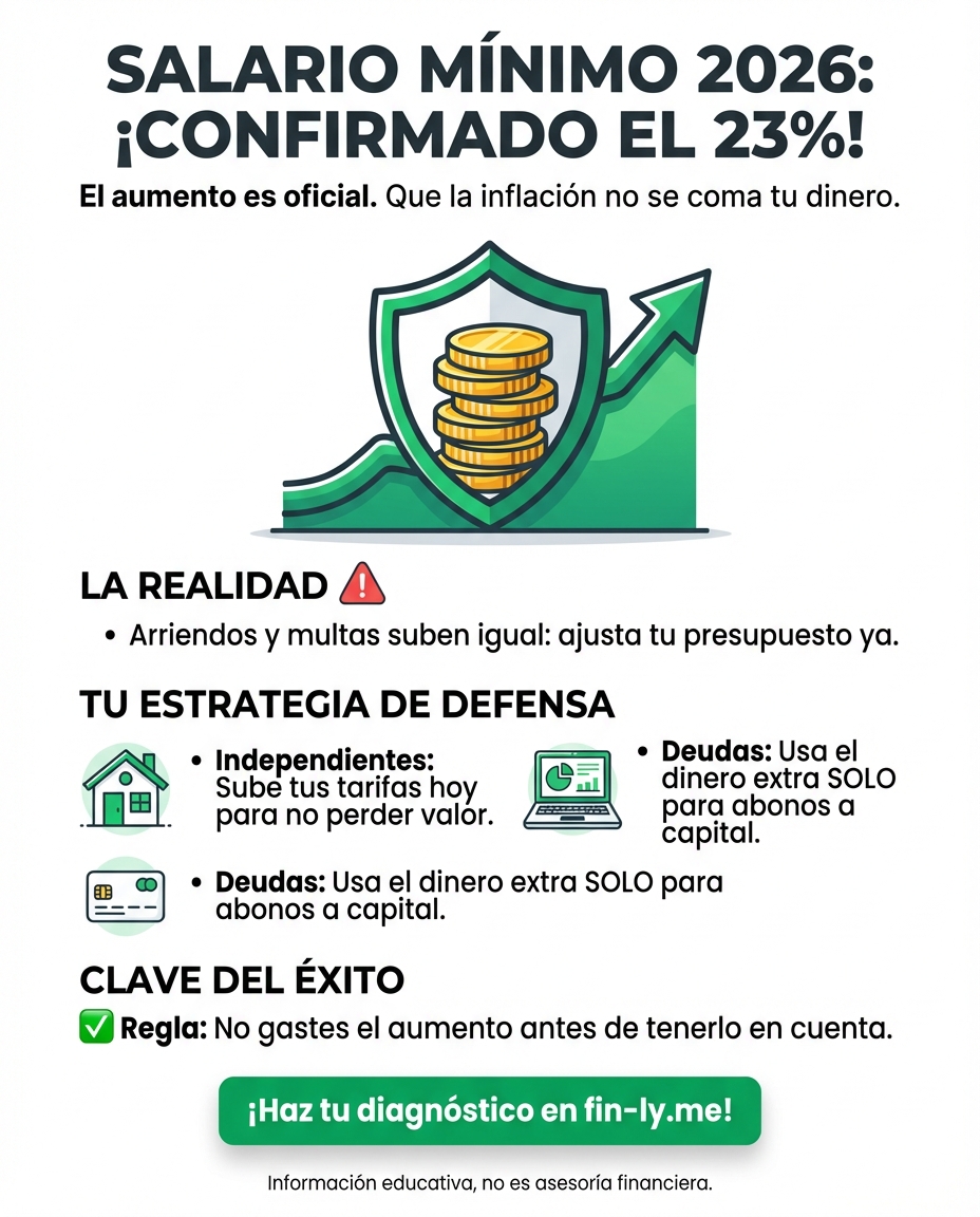 El aumento del 23% en el mínimo para 2026 es oficial, pero de nada sirve ganar más si tus gastos suben al mismo ritmo. Para el Adulto Presión, esto es un alivio que se esfuma si no se controla la inflación del hogar. ¿Sabes cómo proteger ese incremento antes de que se diluya en deudas? 🇨🇴💰