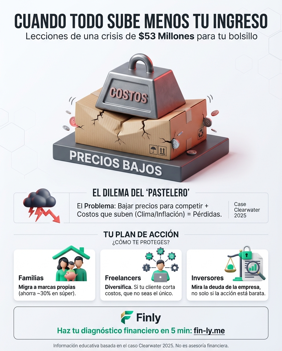 Una gran papelera baja precios para competir, pero sus costos siguen subiendo por el clima y la inflación. Es lo que te pasa cuando bajas lo que cobras para ganar clientes, pero el arriendo y la comida no dan tregua. ¿Cómo proteger tu margen cuando todo sube menos lo que tú ganas? 🇨🇴📉