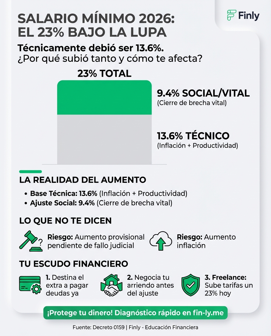 El Gobierno mantuvo un aumento del 23% en el mínimo, aunque técnicamente debió ser del 13%. Es como cuando recibes un bono inesperado pero la inflación ya se lo gastó por ti. ¿Sabrás ajustar tu presupuesto antes de que el costo de vida devore este incremento? 🇨🇴💰