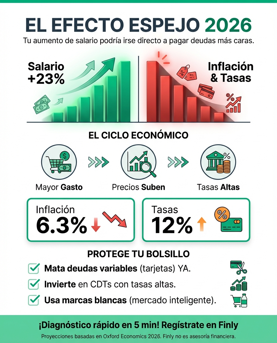 Un gran aumento de salario suena bien hasta que la inflación y los intereses de tus créditos suben aún más. Es el efecto espejo: lo que recibes de más, podrías terminar pagándolo en deudas más caras. ¿Sabes cómo proteger tu bolsillo antes de que el costo de vida devore tu próximo aumento? 🇨🇴💰