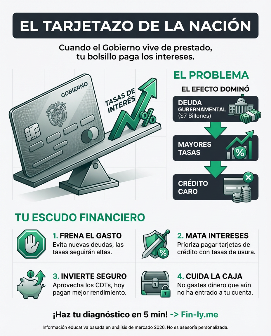El Gobierno está pidiendo prestado a ritmo acelerado para cubrir sus gastos, tal como cuando usas la tarjeta de crédito para pagar el arriendo. Esta presión sube las tasas y encarece el financiamiento para todos. ¿Sabes cómo proteger tu bolsillo cuando el país vive de prestado? 🇨🇴💰