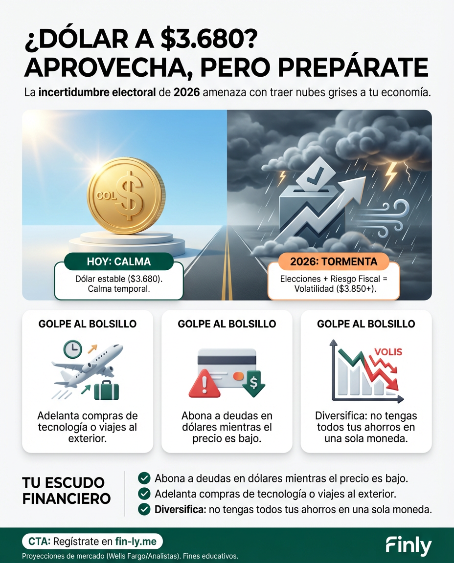 Aunque el peso hoy saca pecho, la incertidumbre electoral de 2026 amenaza con encarecer tus deudas y viajes. Es como celebrar un aumento hoy sabiendo que mañana suben el arriendo. ¿Estás blindando tus ahorros o vas a dejar que el dólar decida por tu bolsillo? 🇨🇴💰
