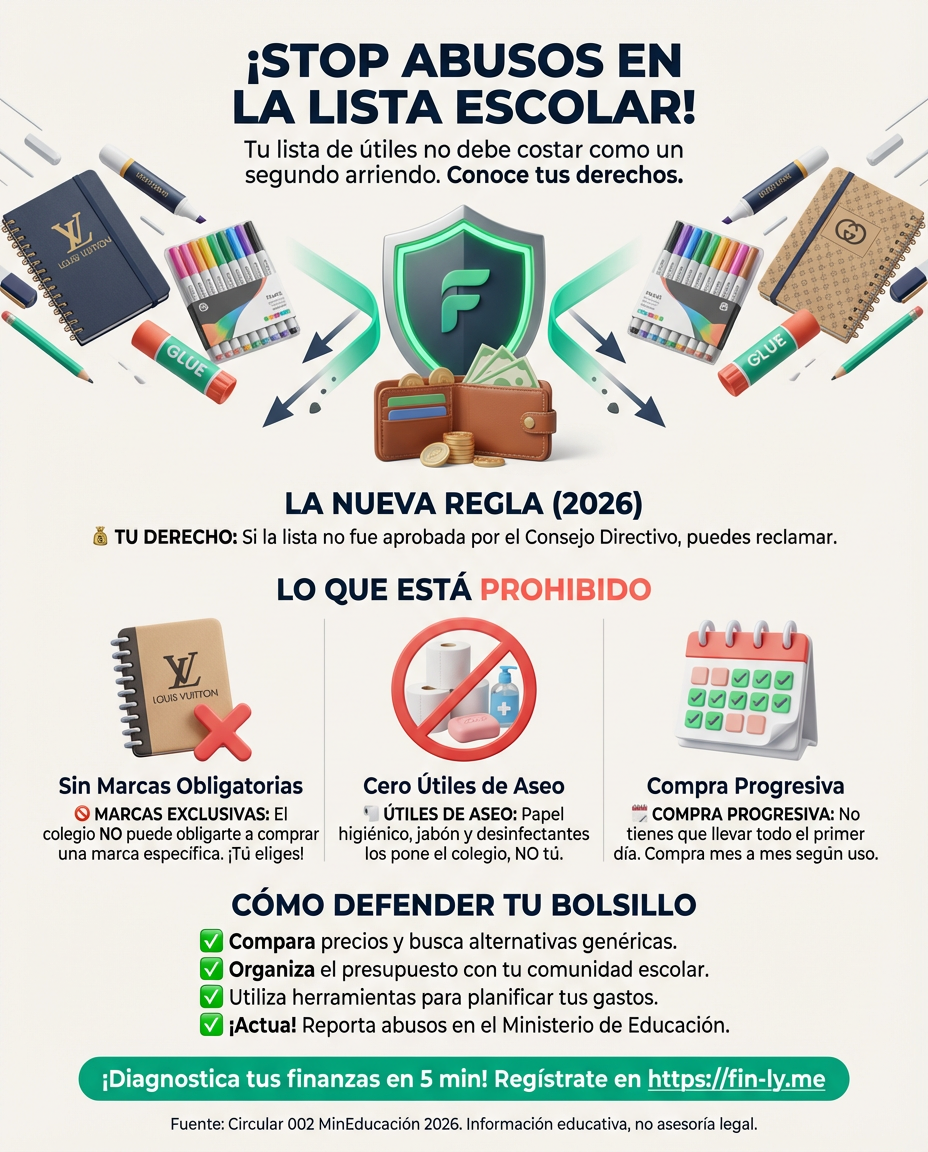 ¿Sientes que la lista escolar es un segundo arriendo? No permitas que el colegio te obligue a comprar marcas caras o artículos de aseo que ellos deben proveer. Defiende tu presupuesto y conoce tus derechos antes de que tu bolsillo sufra por gastos innecesarios. 💰🇨🇴