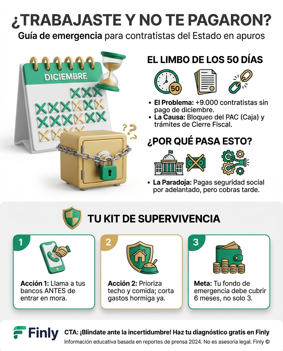 Imagínate pagar seguridad social por adelantado y cumplir tu trabajo, pero que tu sueldo no llegue tras 50 días. Esto le pasa hoy a miles de contratistas y es la pesadilla de cualquier Freelancer con Ansiedad. ¿Tienes un fondo de emergencia para sobrevivir si el Estado o tu cliente frena tus pagos? 🇨🇴💰