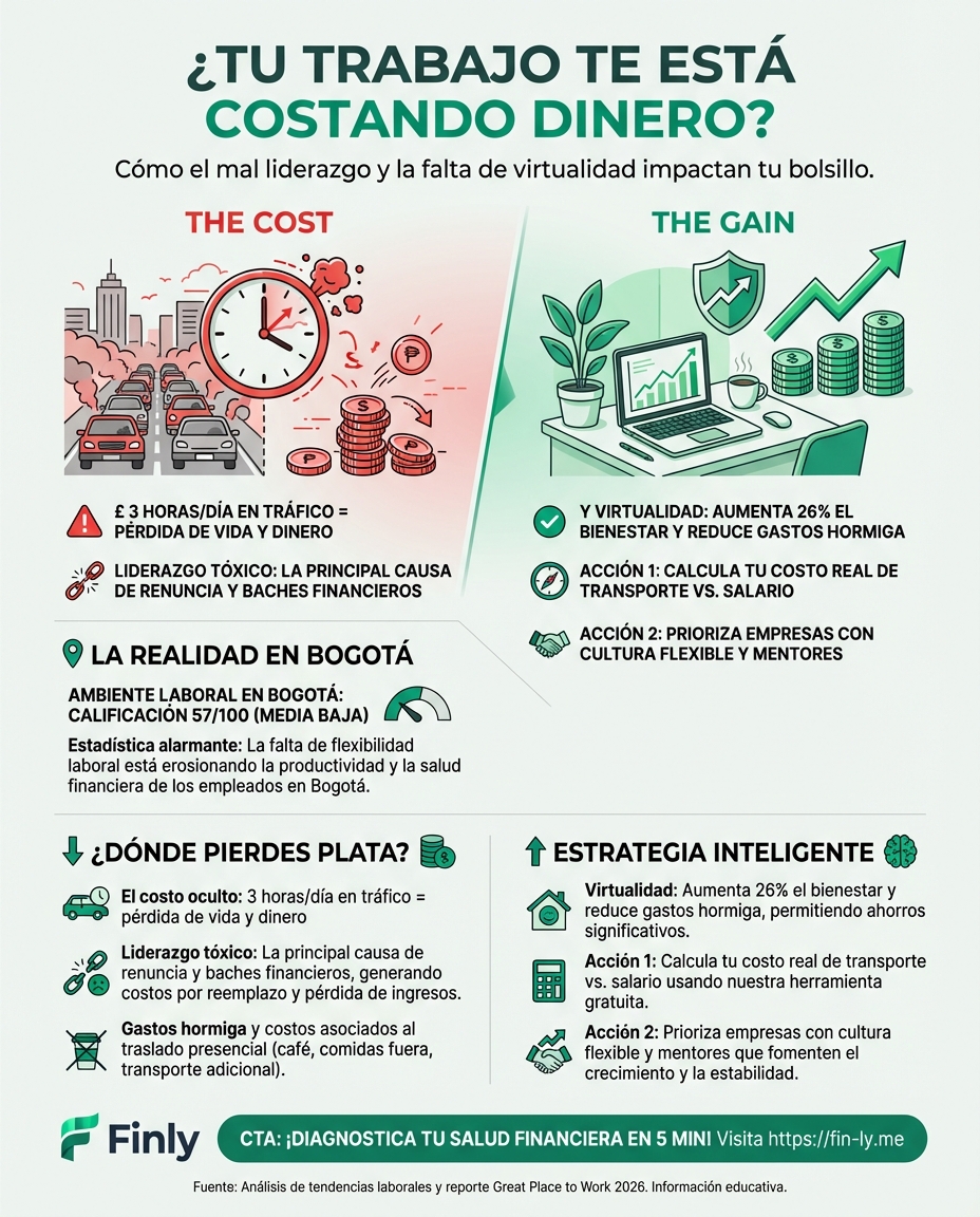 ¿Sientes que tu trabajo te drena o que el tiempo no te alcanza para nada? En Bogotá, la falta de flexibilidad y líderes distantes impactan tu bolsillo al aumentar la rotación y el estrés. ¿Vale la pena sacrificar tu paz mental por un contrato que no te ofrece virtualidad? 🇨🇴💰