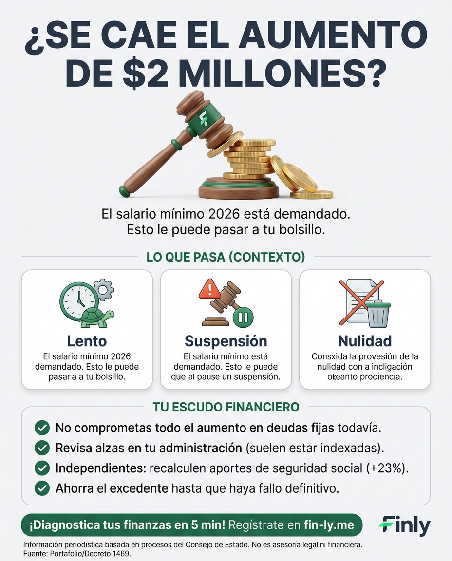El aumento del mínimo está bajo la lupa del Consejo de Estado y tu presupuesto de 2026 podría quedar en el aire. Es como cuando planeas tus compras contando con un bono que al final no llega. ¿Estás listo para ajustar tus cuentas si el aumento de $2 millones se frena legalmente? 🇨🇴💰