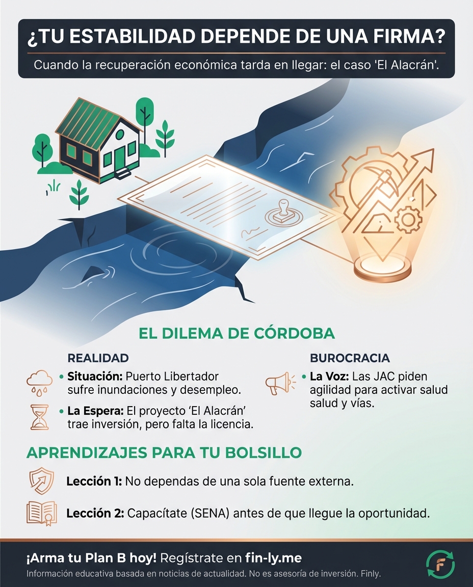 En Córdoba, las familias piden agilizar una mina para recuperar sus ingresos tras las inundaciones. Es como cuando esperas un nuevo trabajo para pagar tus deudas, pero el contrato no llega. ¿Depende tu estabilidad de una firma externa o tienes un plan B para las emergencias? 🇨🇴💰