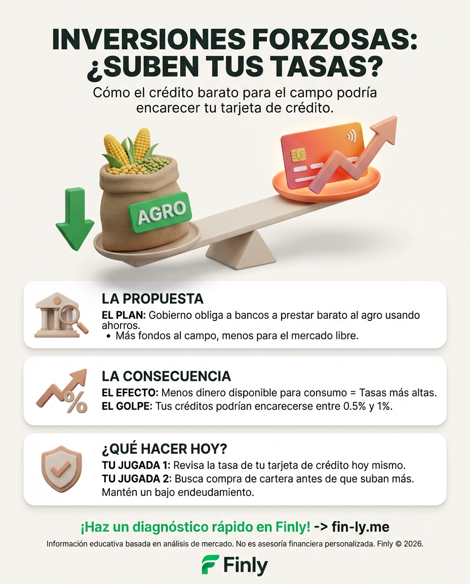 El Gobierno busca usar tus ahorros en el banco para dar créditos baratos al agro, pero esto podría subir las tasas de tus propias deudas. Es como si te obligaran a prestarle a un vecino y terminaras pagando más intereses por tu propia tarjeta. ¿Está listo tu bolsillo para créditos más caros? 📉💰