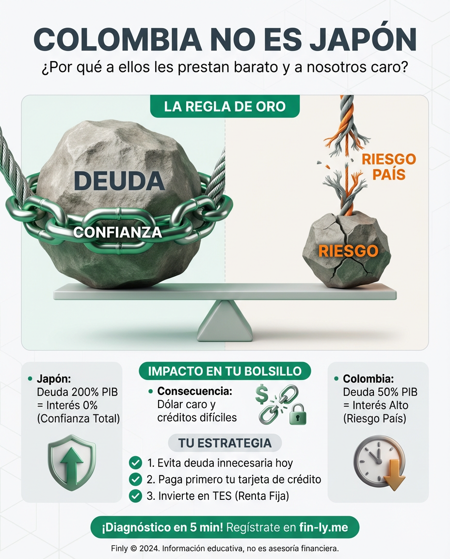 Colombia no puede endeudarse como Japón porque no tiene su misma 'reputación' financiera. Es como cuando un banco te niega un crédito por tu historial, mientras a otros les ruegan que reciban plata. ¿Estás cuidando tu credibilidad para que las deudas no te salgan más caras? 🇨🇴💰