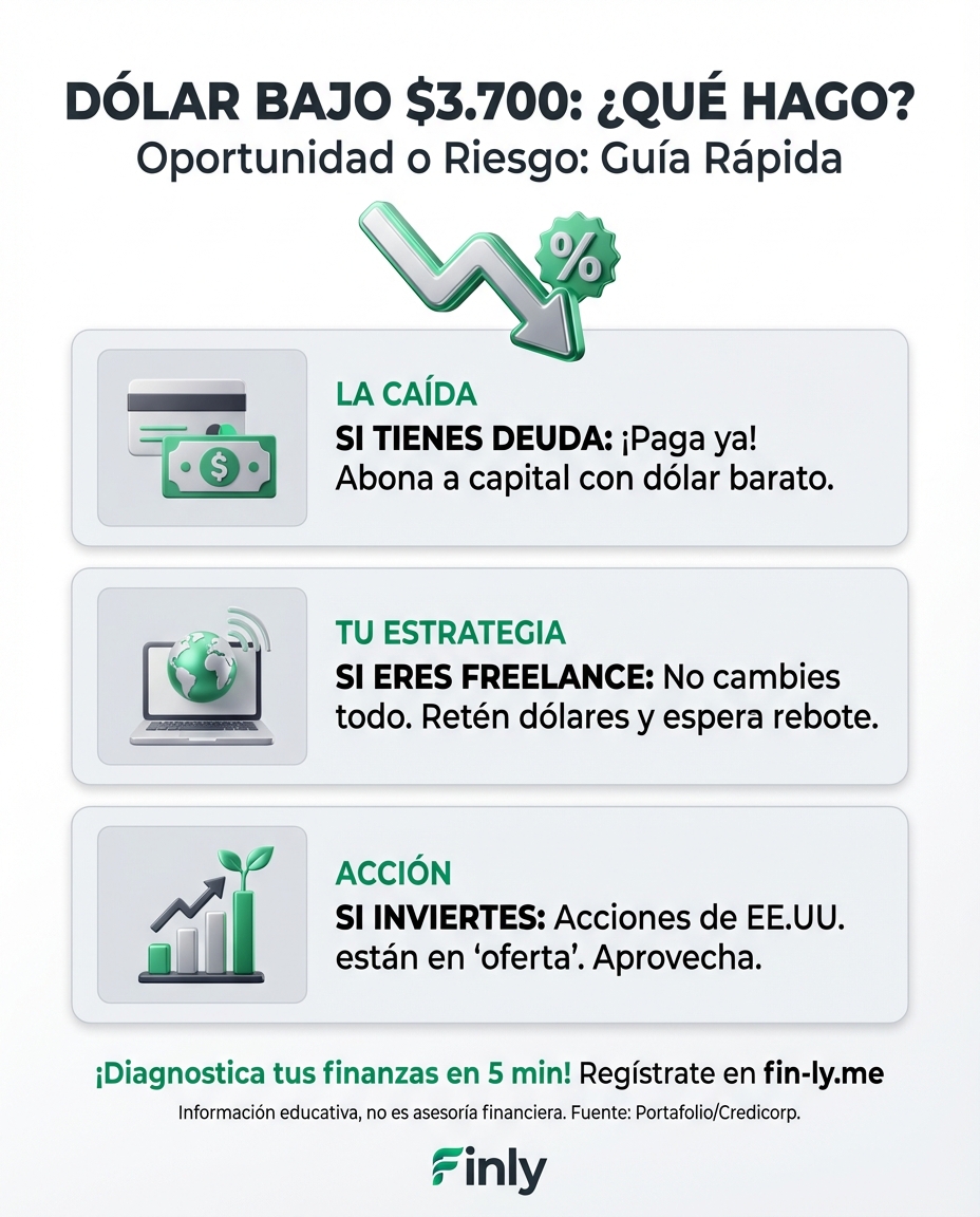 El dólar cayó bajo los $3.700 y podría bajar otros $200 por cambios en pensiones. Es como cuando bajan los precios pero no tienes efectivo para aprovechar la oferta. ¿Vas a esperar a que vuelva a subir o usarás esta caída para sanar tus deudas en dólares? 📉💰