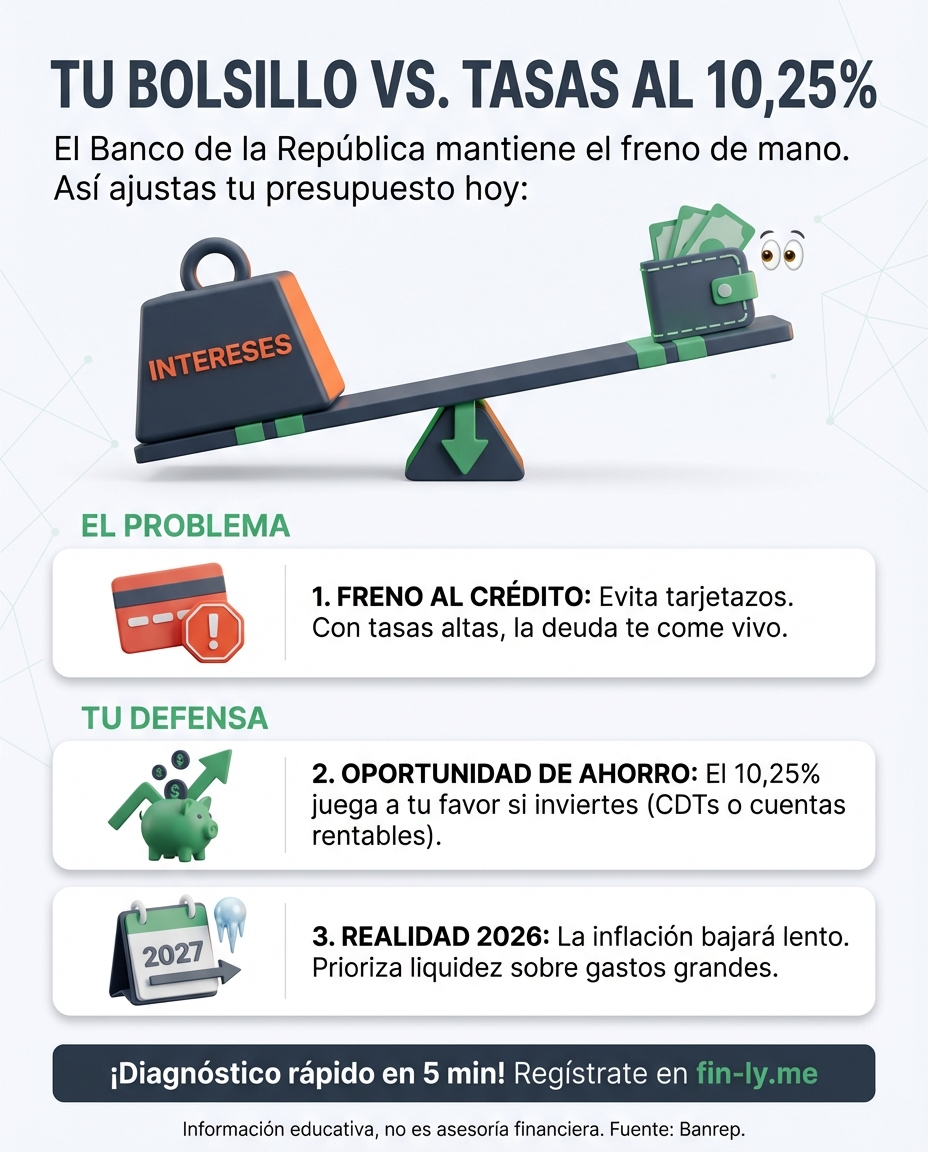El Banco de la República admite que bajar la inflación será más lento de lo esperado y subió las tasas al 10,25%. Es como si te esforzaras por ahorrar, pero el costo de vida siempre corriera más rápido que tu sueldo. ¿Cómo ajustar tu presupuesto antes de que los intereses devoren tu capacidad de pago? 📉💰