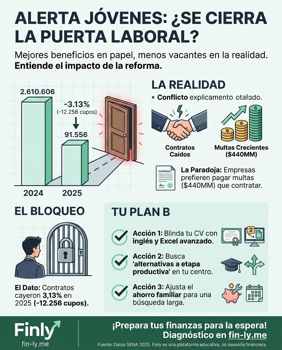 Las empresas están contratando menos aprendices por los nuevos costos de la reforma laboral. Si eres joven o buscas empleo, esto significa que el camino hacia tu primer sueldo se volvió más estrecho. ¿Estamos priorizando mejores beneficios hoy a cambio de cerrar las puertas del mañana? 🇨🇴📉