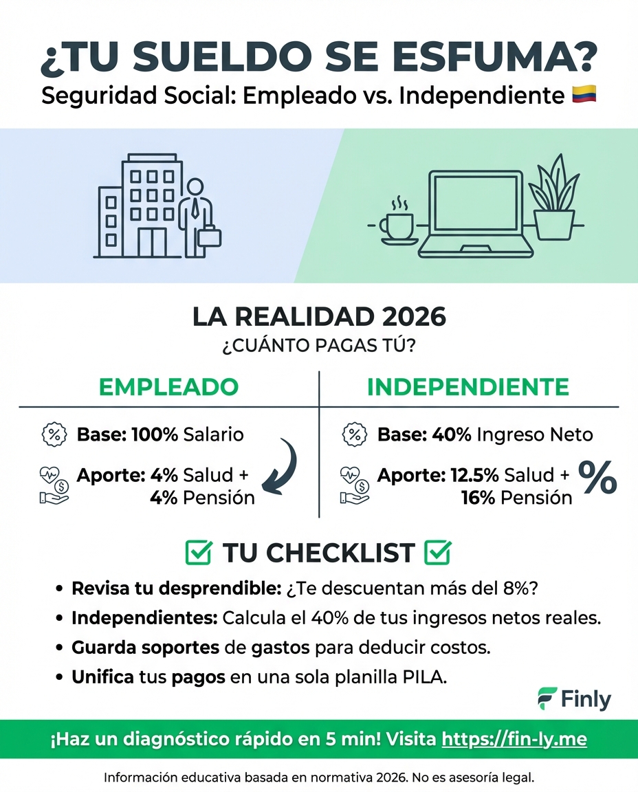 ¿Sientes que tu sueldo se esfuma antes de tocar tu cuenta? Entender si aportas como empleado (4%) o independiente (40% del ingreso neto) es la diferencia entre tener flujo de caja o vivir asfixiado. ¿Sabes realmente cuánto te están descontando este mes por tu protección futura? 🇨🇴💰