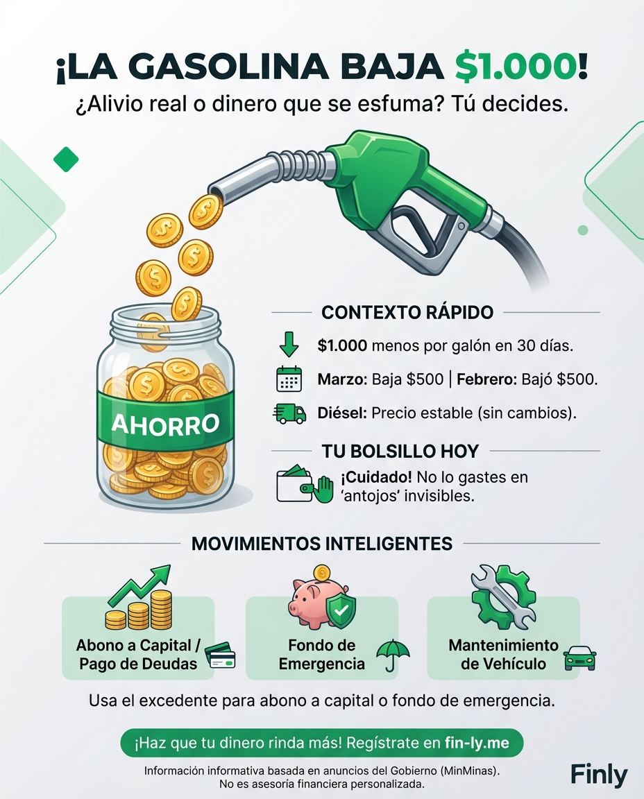 La gasolina baja $1.000 en un mes, un respiro similar a cuando logras recortar un gasto hormiga que te asfixiaba. Para el Adulto Presión, esto significa que el tanque rinde más, pero ¿usarás ese excedente para abonar a tu deuda o se esfumará en otro gasto invisible? 📉💰🇨🇴