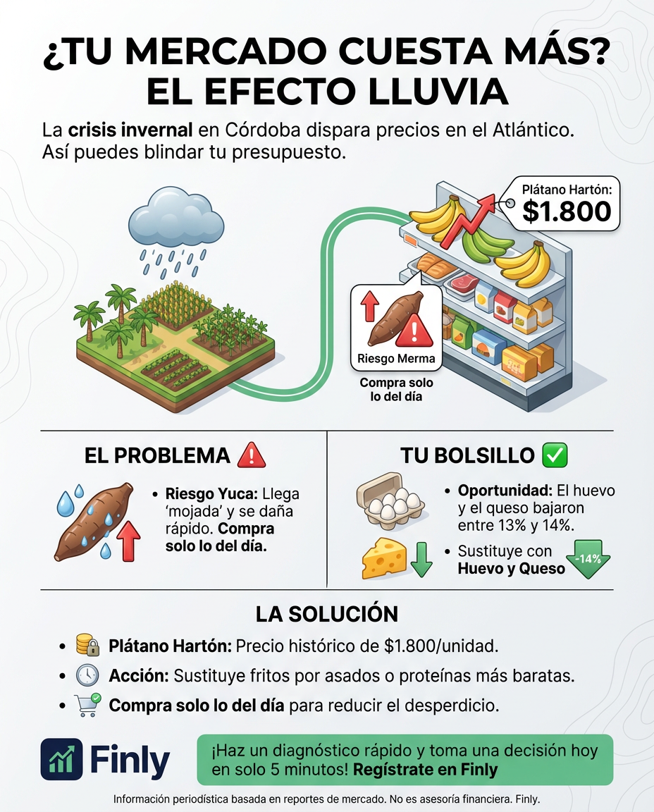 Cuando el clima daña la cosecha, tu mercado se vuelve el doble de caro aunque ganes lo mismo. Si el precio de la yuca y el plátano sube por las lluvias, tu presupuesto mensual se inunda sin previo aviso. ¿Está tu fondo de emergencia listo para absorber estos 'golpes' al fogón? 📉💰