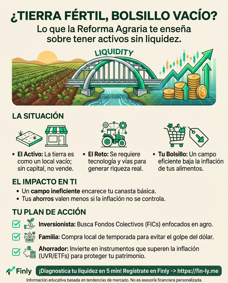 La reforma agraria busca democratizar la tierra para combatir el hambre, pero sin capital, el campo no produce. Es como tener una gran idea de negocio y no tener ahorros para arrancarla. ¿Sabes cómo preparar tu bolsillo para que las oportunidades del mercado no te encuentren sin liquidez? 🇨🇴💰