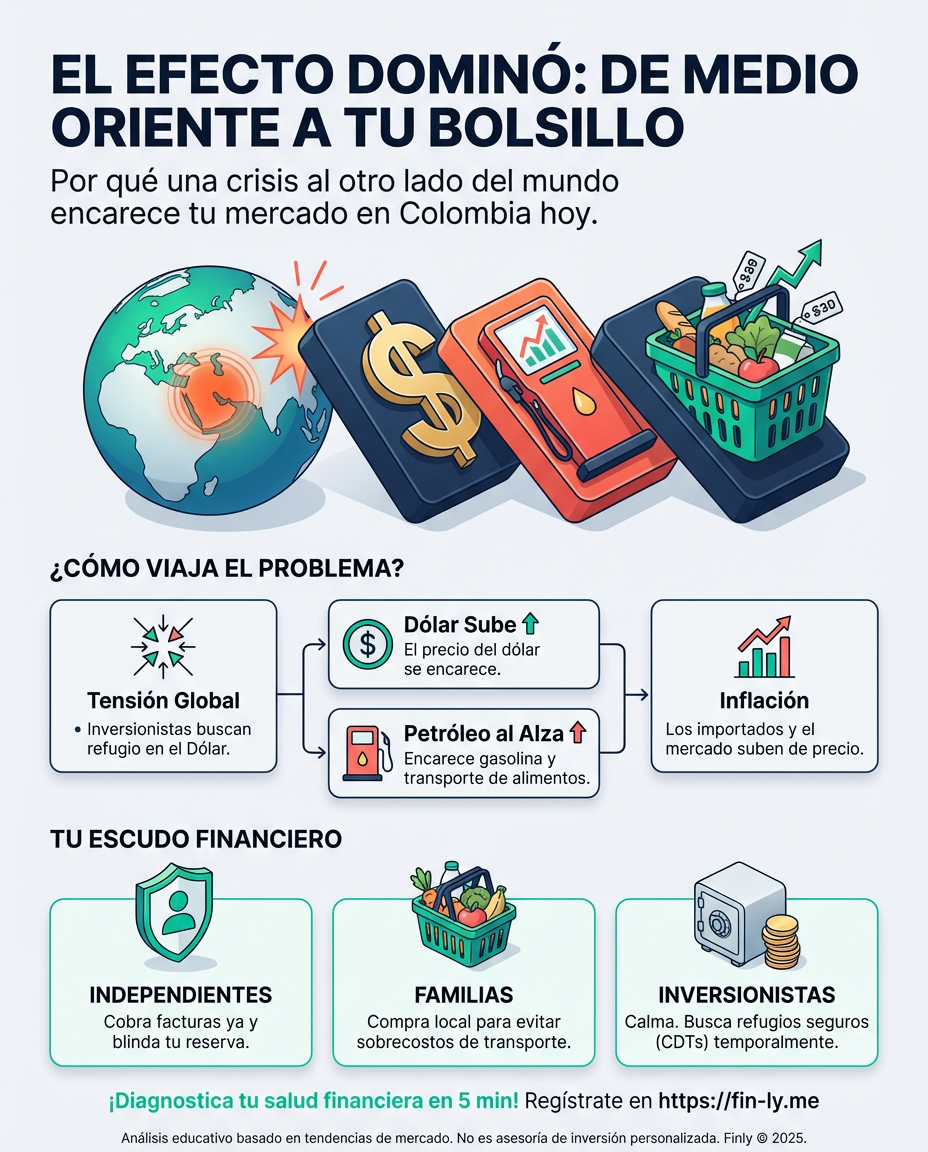 Cuando el mundo entra en tensión, tu bolsillo lo siente primero en el precio del dólar y la gasolina. Es como si una pelea ajena terminara afectando tu mercado mensual. ¿Qué tan protegido está tu presupuesto ante choques que ocurren a miles de kilómetros? 🇨🇴📉