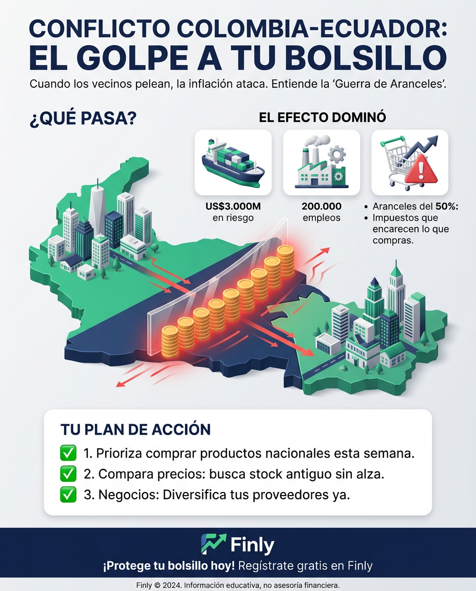 Cuando los países pelean, tu bolsillo paga la cuenta con productos más caros. Esta tensión entre Colombia y Ecuador es como cuando un conflicto familiar te impide ahorrar porque todo sube de repente. ¿Estás preparado para que la inflación importada afecte tu presupuesto este mes? 🇨🇴💰