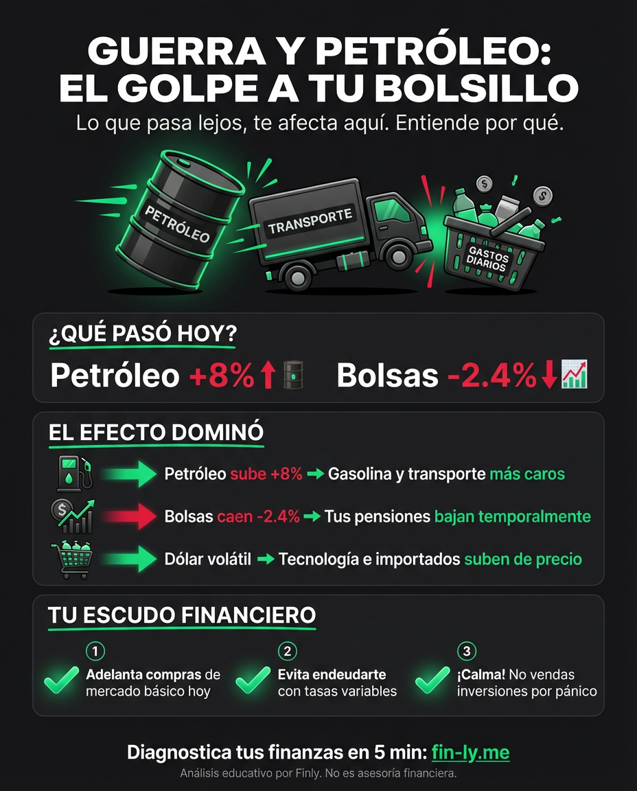 La guerra disparó el petróleo y hundió las bolsas, recordándonos que lo que pasa lejos siempre golpea tu bolsillo. Es como cuando sube la gasolina y de repente tu presupuesto mensual ya no alcanza para lo mismo. ¿Tienes un plan B para cuando el mundo se pone caro o dependes solo de la suerte? 📉🇨🇴